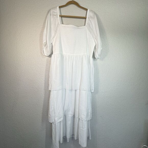 J Gee Dress 2X Wihite Tiered Smocked Sheer Ruffle Midi Boho Romantic Cottagecore - Picture 3 of 8